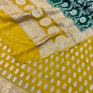 Yellow and Green Khilti Kalli Georgette Silk Banarasi Suit