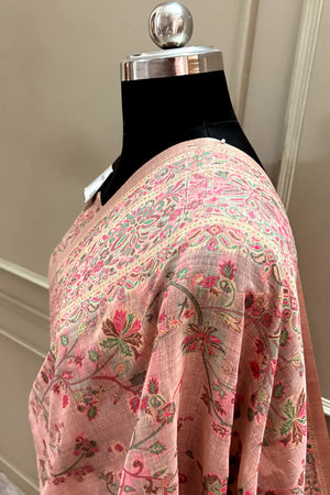 Baby Pink Printed Linen Silk Banarasi Saree