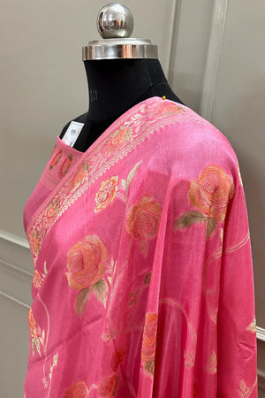 Baby Pink Rosy Jaal Georgette Silk Banarasi Saree