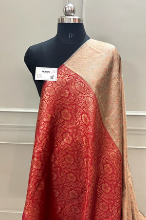 Beige and Maroon Antique Zari Silky Banarasi Saree