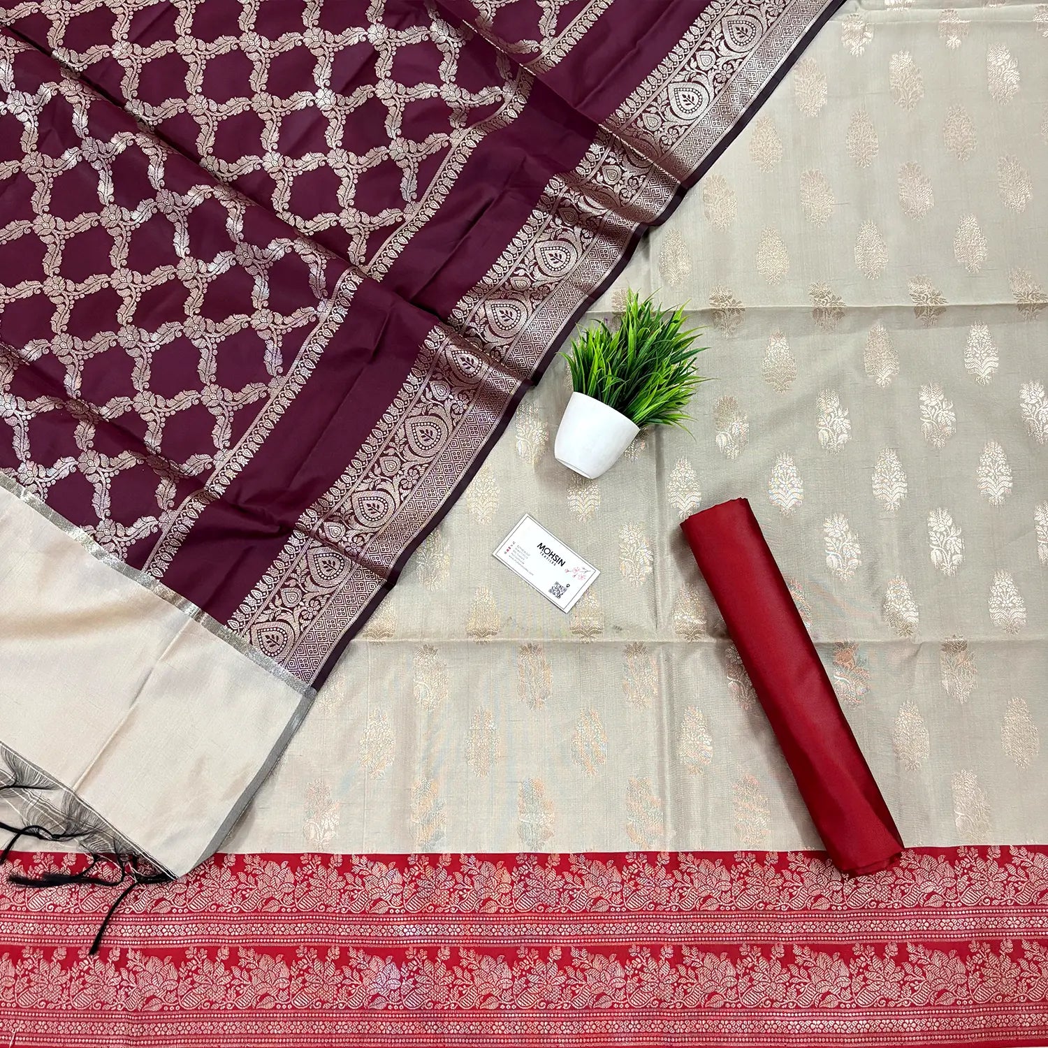 Beige and Red Phooldaan Buti Satin Silk Banarasi Suit