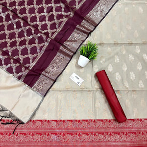 Beige and Red Phooldaan Buti Satin Silk Banarasi Suit