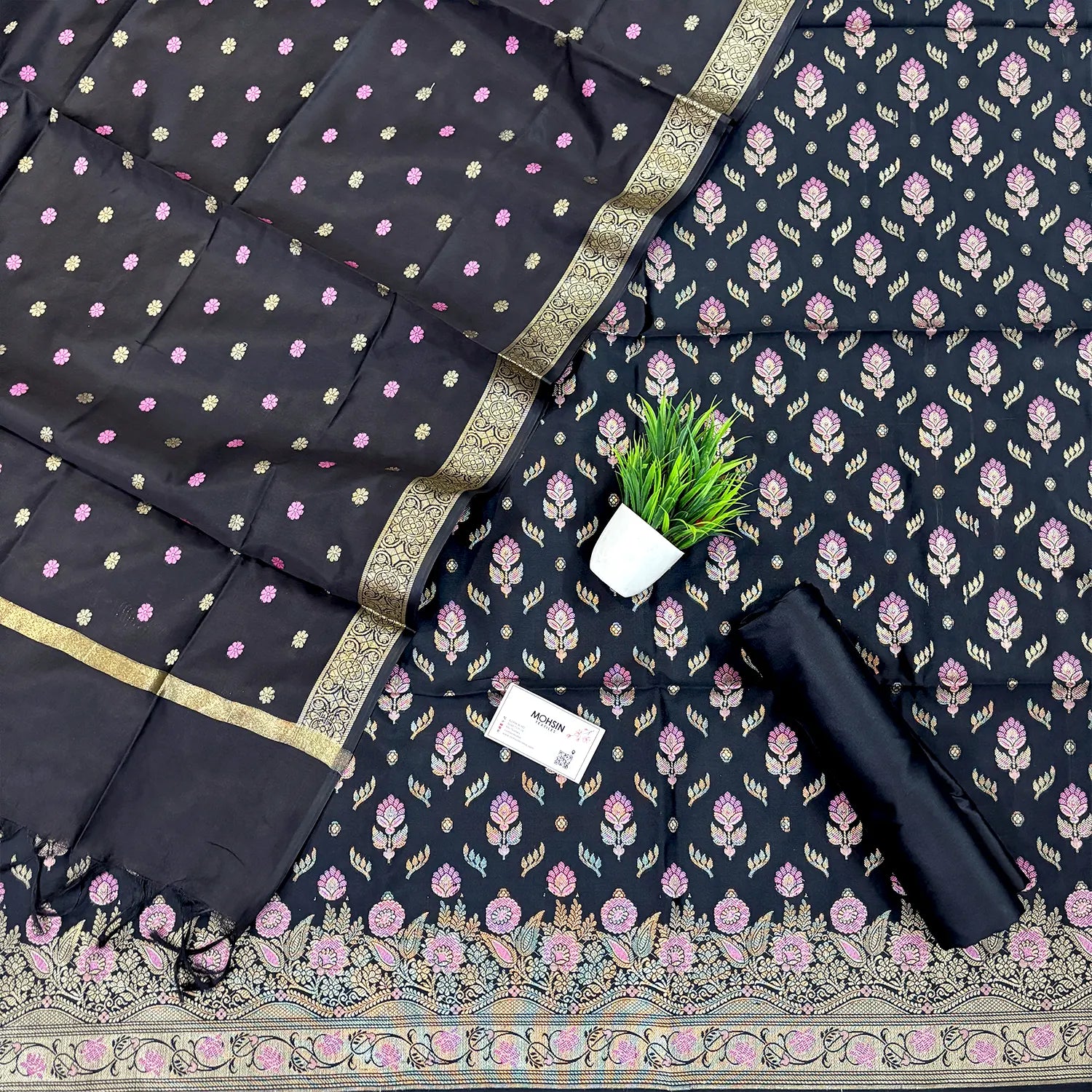 Black Golden Zari Satin Silk Banarasi Suit