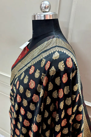 Black and Red Resham Zari Silky Banarasi Saree