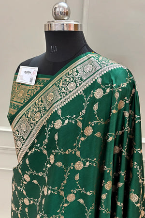 Bottle Green Albeli Jaal Katan Silk Banarasi Saree