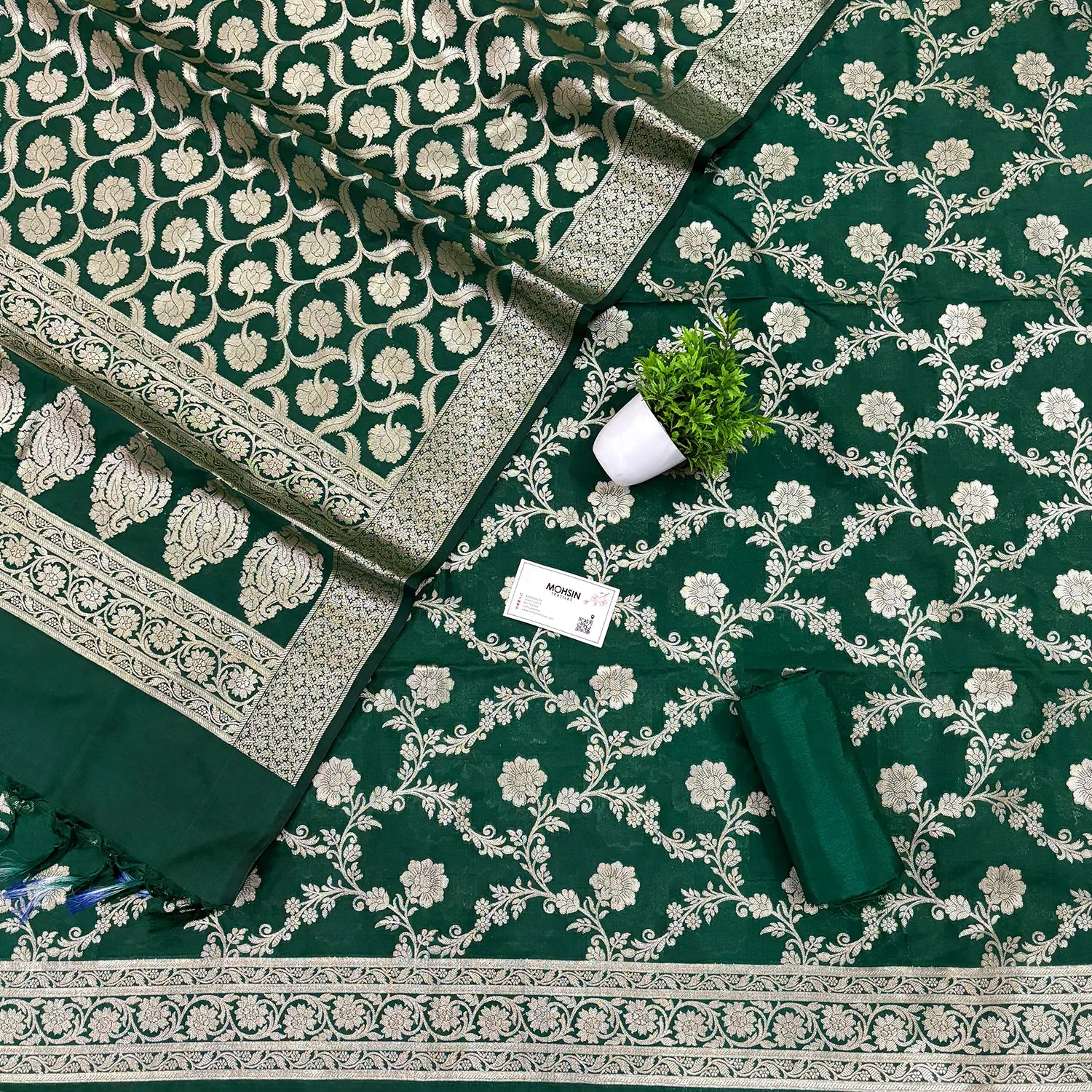 Bottle Green Kashmiri Jaal Katan Silk Banarasi Suit