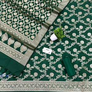 Bottle Green Kashmiri Jaal Katan Silk Banarasi Suit
