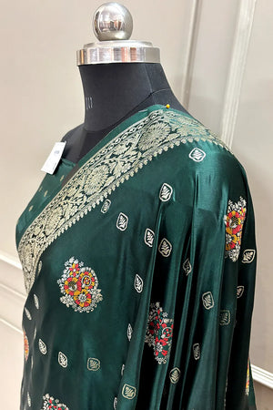 Bottle Green Pangi Buti Katan Silk Banarasi Saree