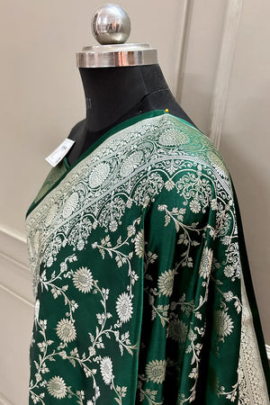 Bottle Green Surajmukhi Jaal Katan Silk Banarasi Saree
