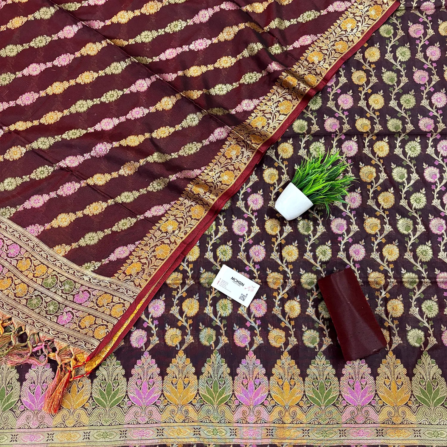 Brown Sindhuri Phool Resham Silk Banarasi Suit
