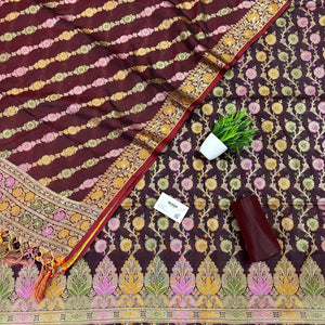 Brown Sindhuri Phool Resham Silk Banarasi Suit