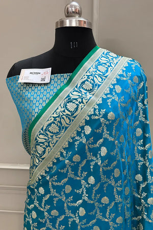 Firozi Chandramukhi Jaal Katan Silk Banarasi Saree
