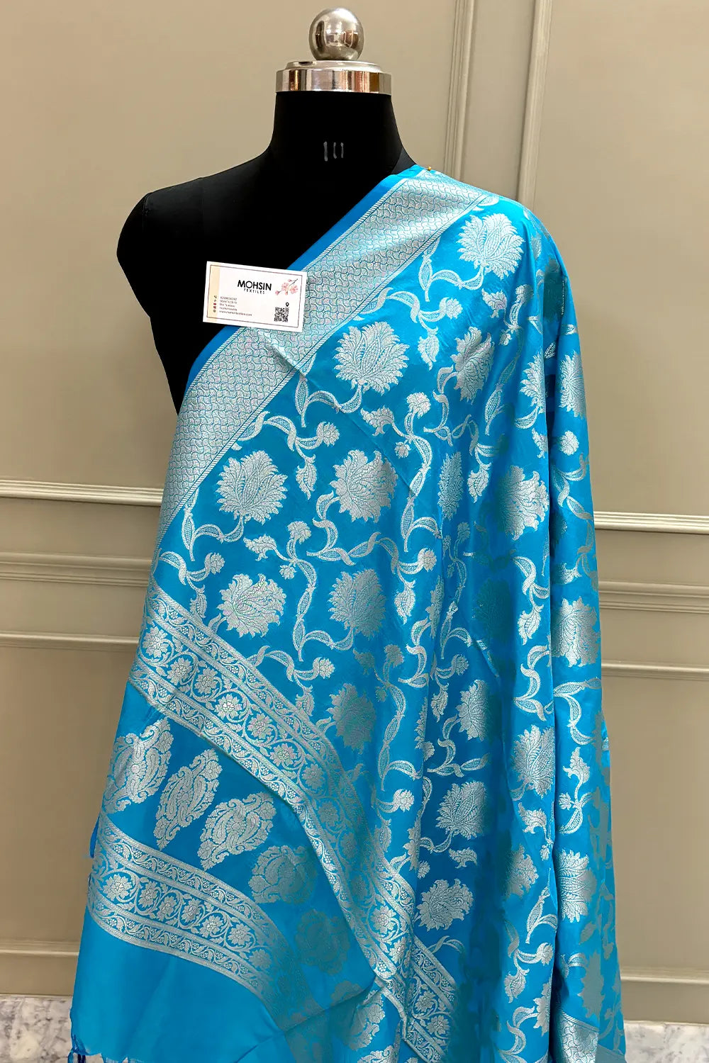 Firozi Golden Zari Katan Silk Banarasi Dupatta