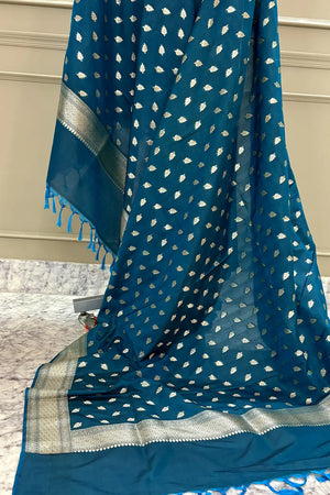 Firozi Golden Zari Katan Silk Banarasi Dupatta