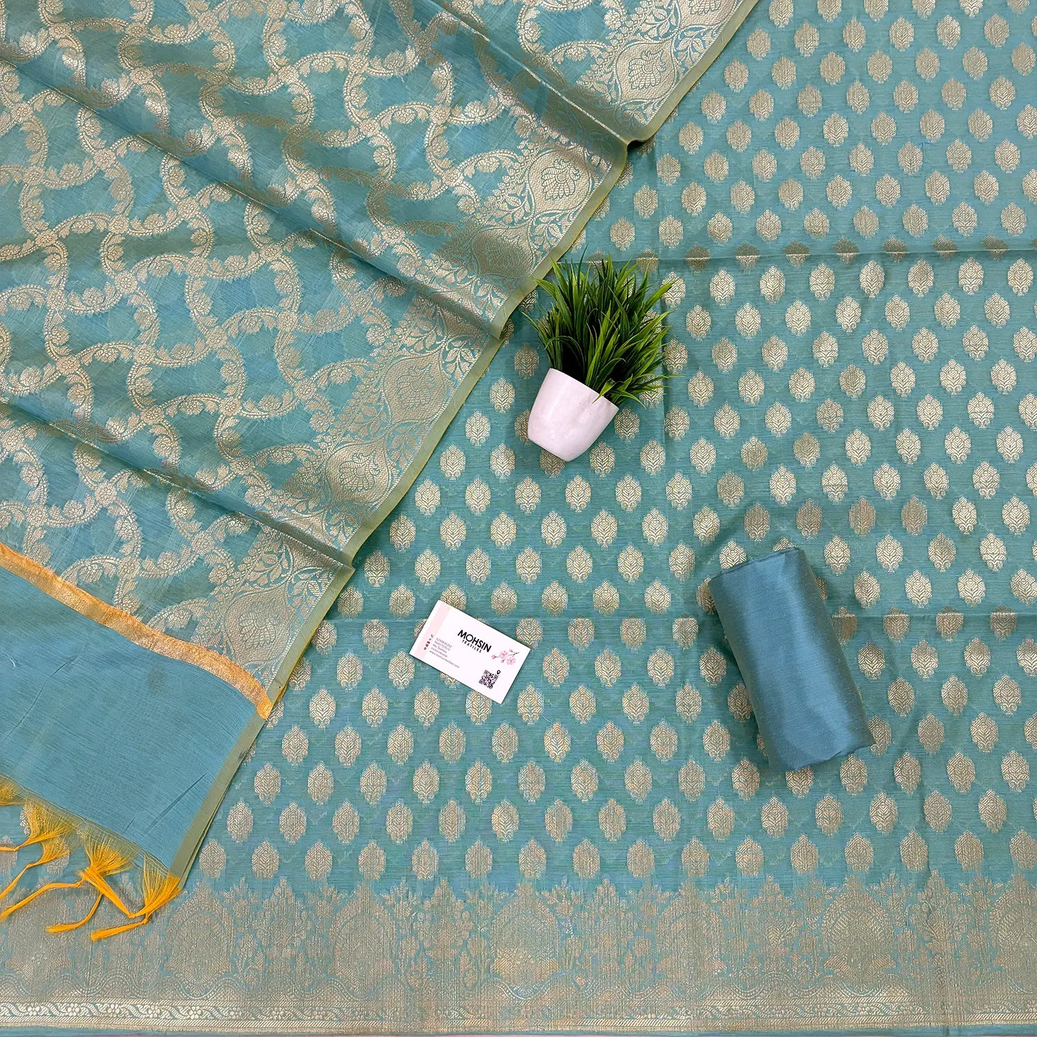 Firozi Golden Zari Resham Silk Banarasi Suit