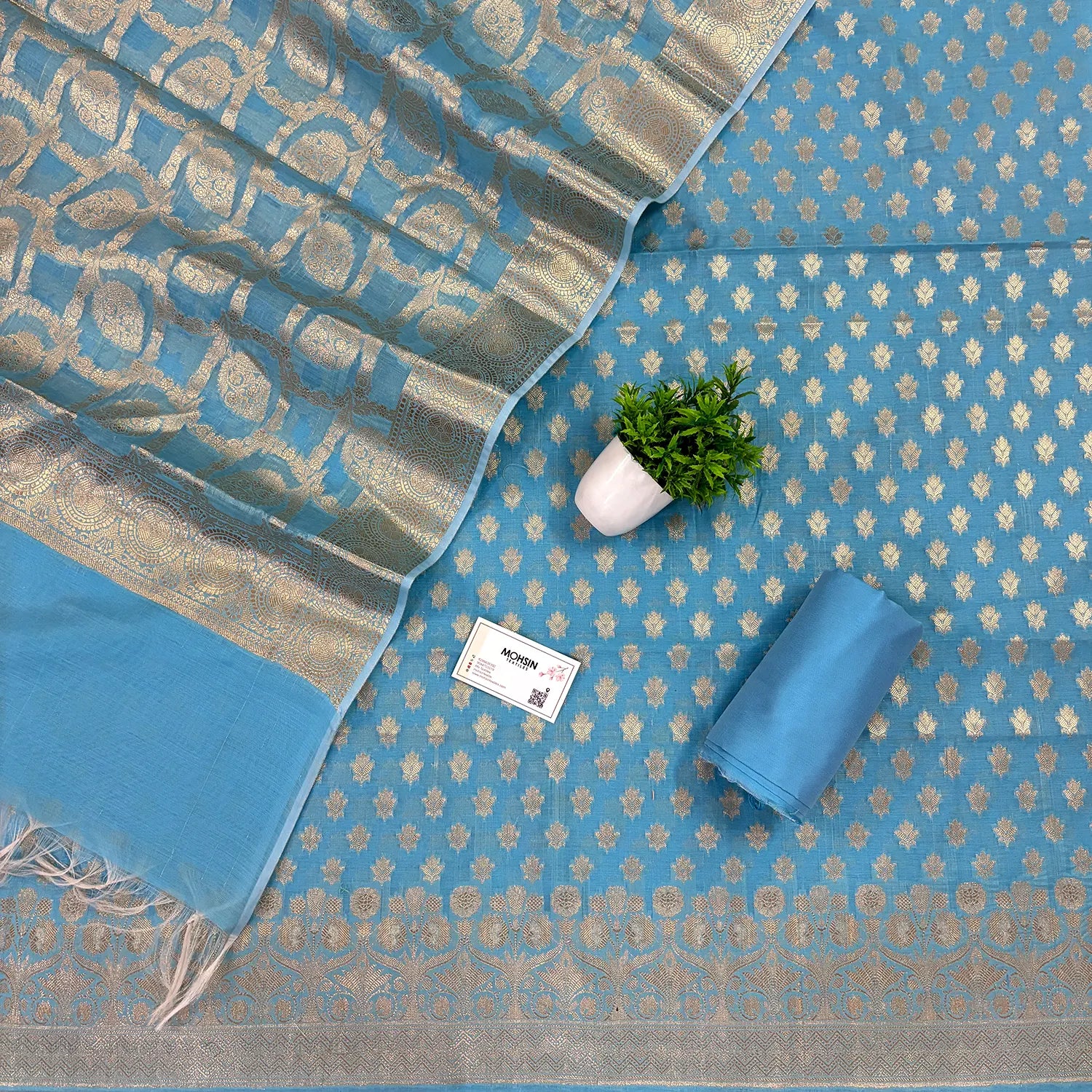 Firozi Golden Zari Resham Silk Banarasi Suit