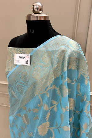 Firozi Lotus Jaal Chanderi Silk Banarasi Saree