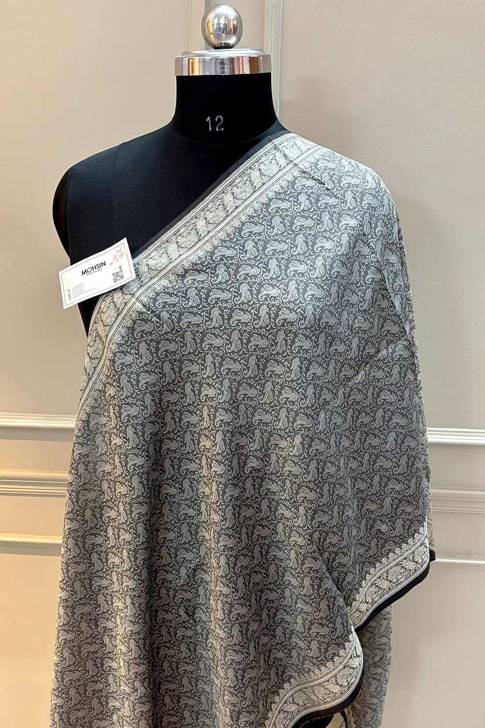 Grey Resham Zari Silk Banarasi Stole