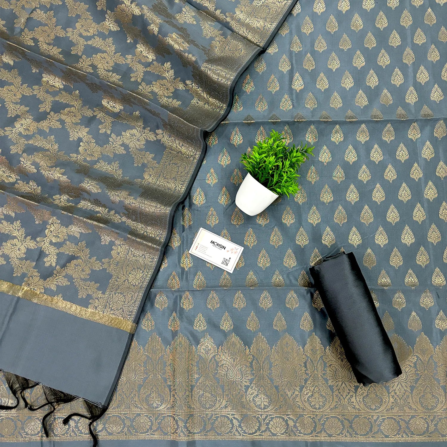 Grey Xmas Tree Satin Silk Banarasi Suit