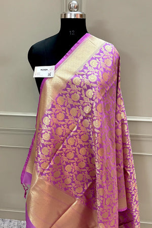 Light Pink Golden Zari Katan Silk Banarasi Dupatta