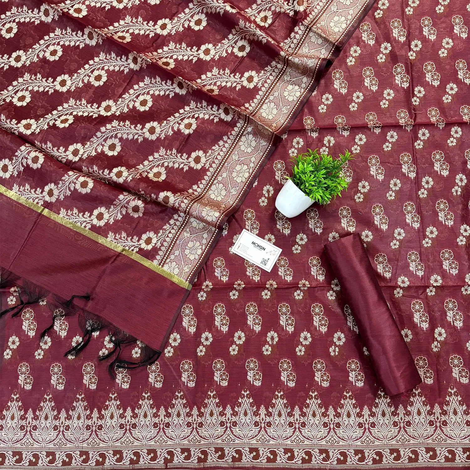 Maroon Fan Flower Banarasi Silk Suit