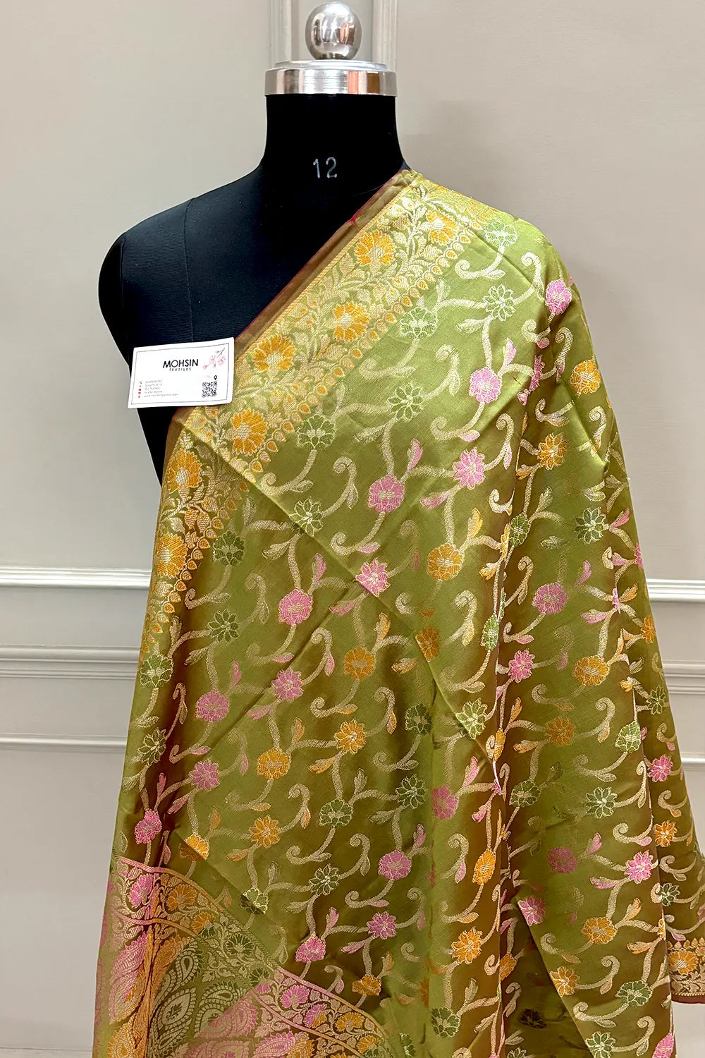 Mehendi Zari Meena Cotton Silk Banarasi Dupatta