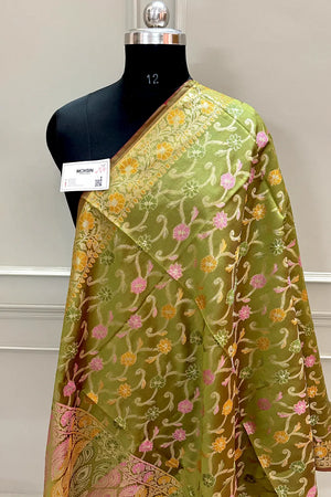Mehendi Zari Meena Cotton Silk Banarasi Dupatta