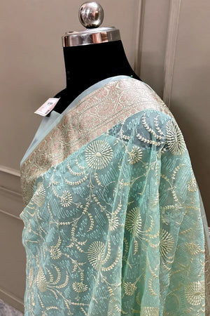 Mint Green Embroidery Organza Silk Banarasi Saree