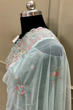 Mint Green Embroidery Siroski Brasso Net Saree