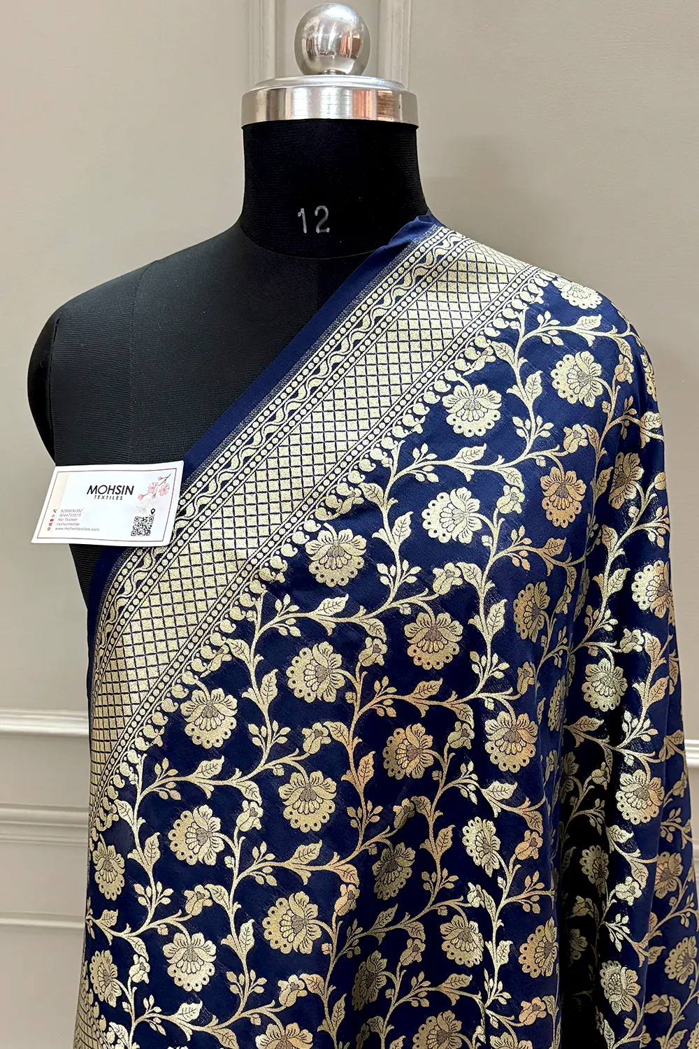 Navy Blue Golden Zari Katan Silk Banarasi Dupatta