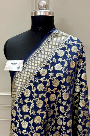 Navy Blue Golden Zari Katan Silk Banarasi Dupatta