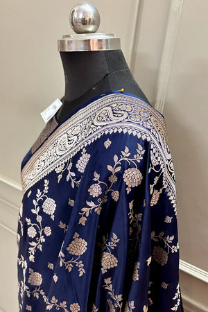 Navy Blue Nafis Jaal Katan Silk Banarasi Saree
