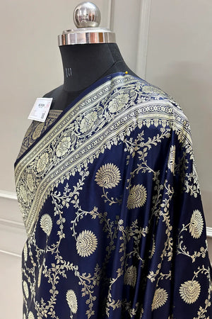 Navy Blue Pankhuri Jaal Katan Silk Banarasi Saree