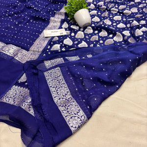 Navy Blue Patta Handloom Georgette Silk Banarasi Suit