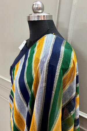 Navy Blue and Multi Resham Zari Cotton Silk Banarasi Saree