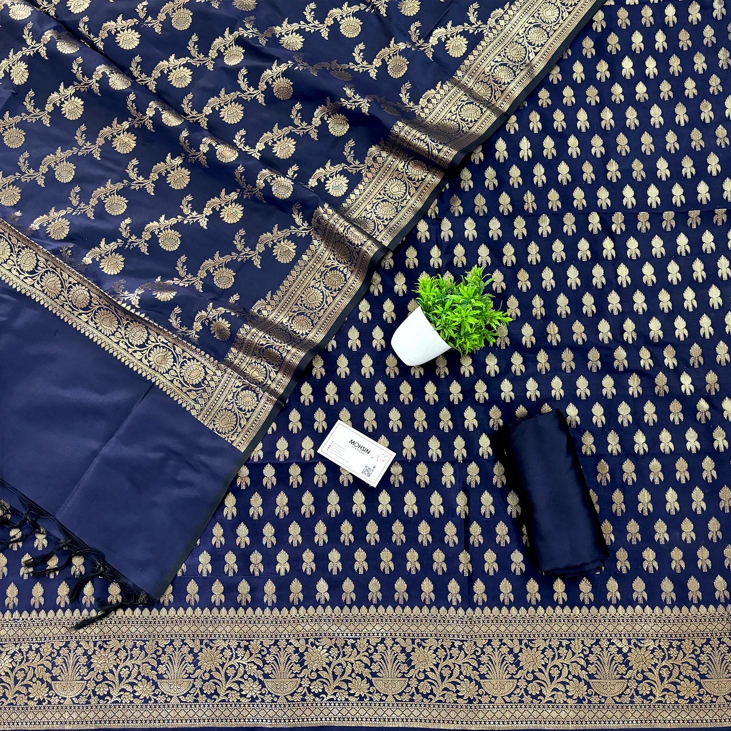 Navy Blue Rocket Buti Satin Silk Banarasi Suit