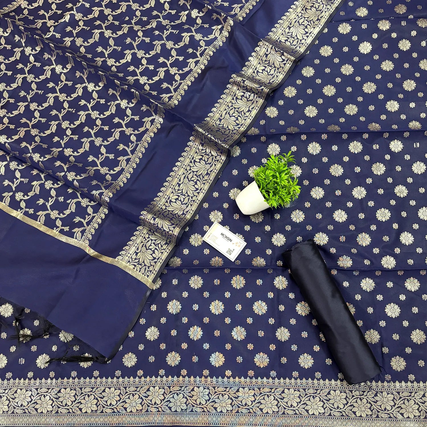 Navy Blue Shaktiman Buti Satin Silk Banarasi Suit