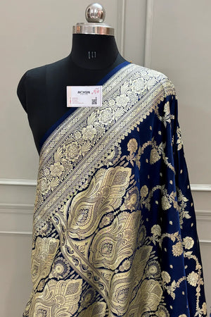 Navy Blue Tirchi Daal Katan Silk Banarasi Saree