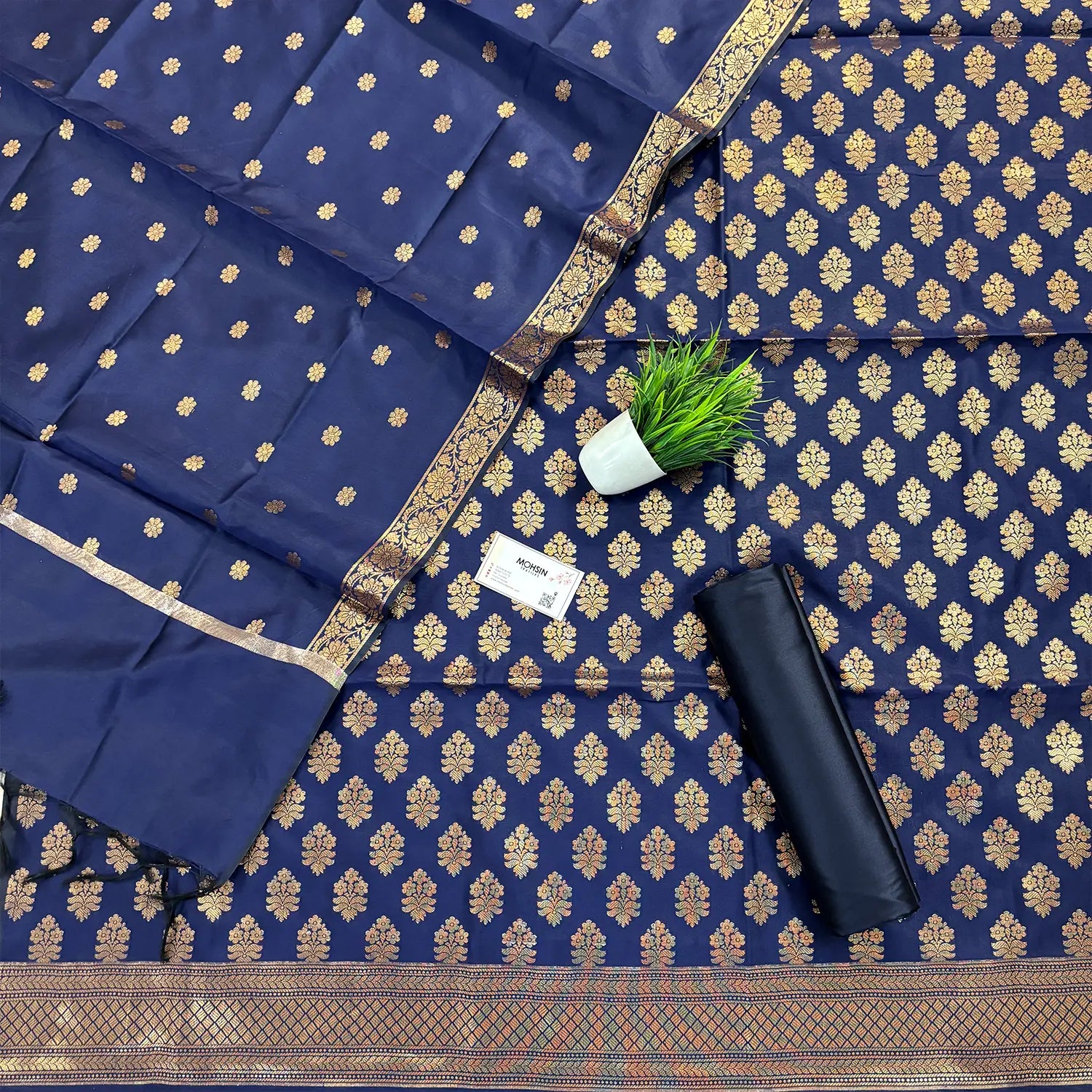 Navy Blue Tri Phool Satin Silk Banarasi Suit