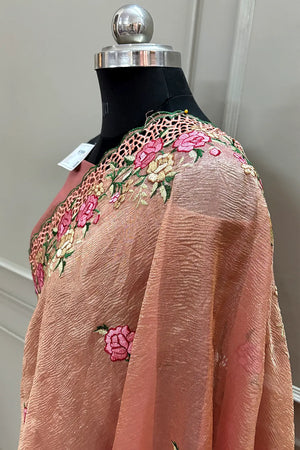Peach Crush Embroidery Tissue Silk Banarasi Saree
