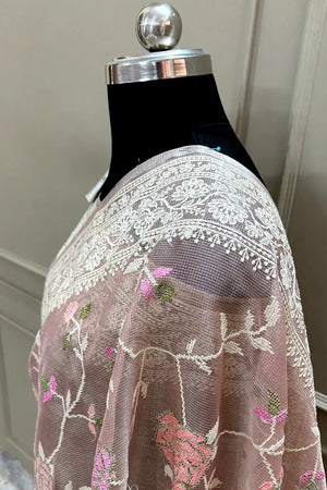 Peach Embroidery Tissue Silk Banarasi Saree