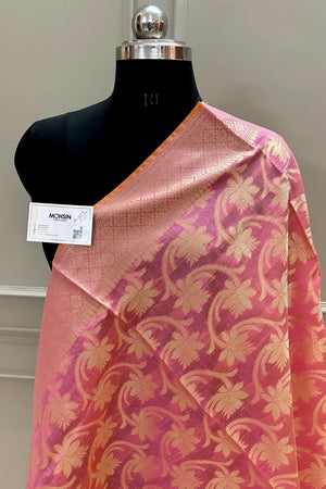 Peach Golden Zari Banarasi Silk Dupatta