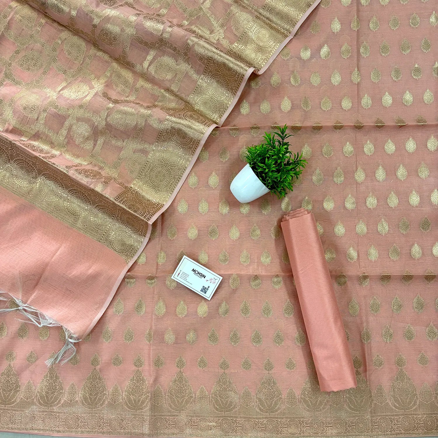 Peach Golden Zari Banarasi Silk Suit