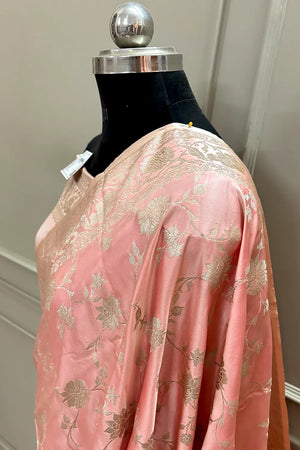 Peach Kesari Jaal Katan Silk Banarasi Saree