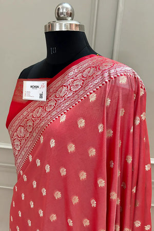 Peach and Red Ghonga Buti Katan Silk Banarasi Saree