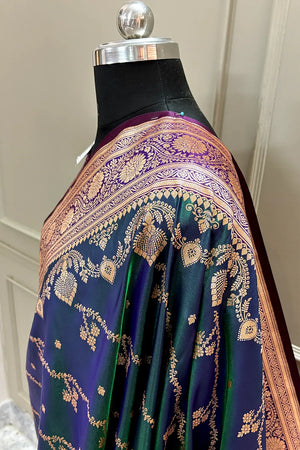 Peacock Blue and Purple Golden Zari Katan Silk Banarasi Saree