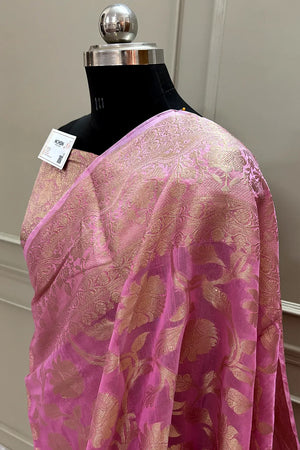 Pink Golden Zari Chanderi Silk Banarasi Saree