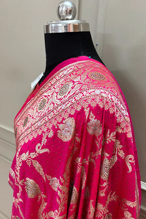 Pink Miracle Jaal Siroski Work Katan Silk Banarasi Saree