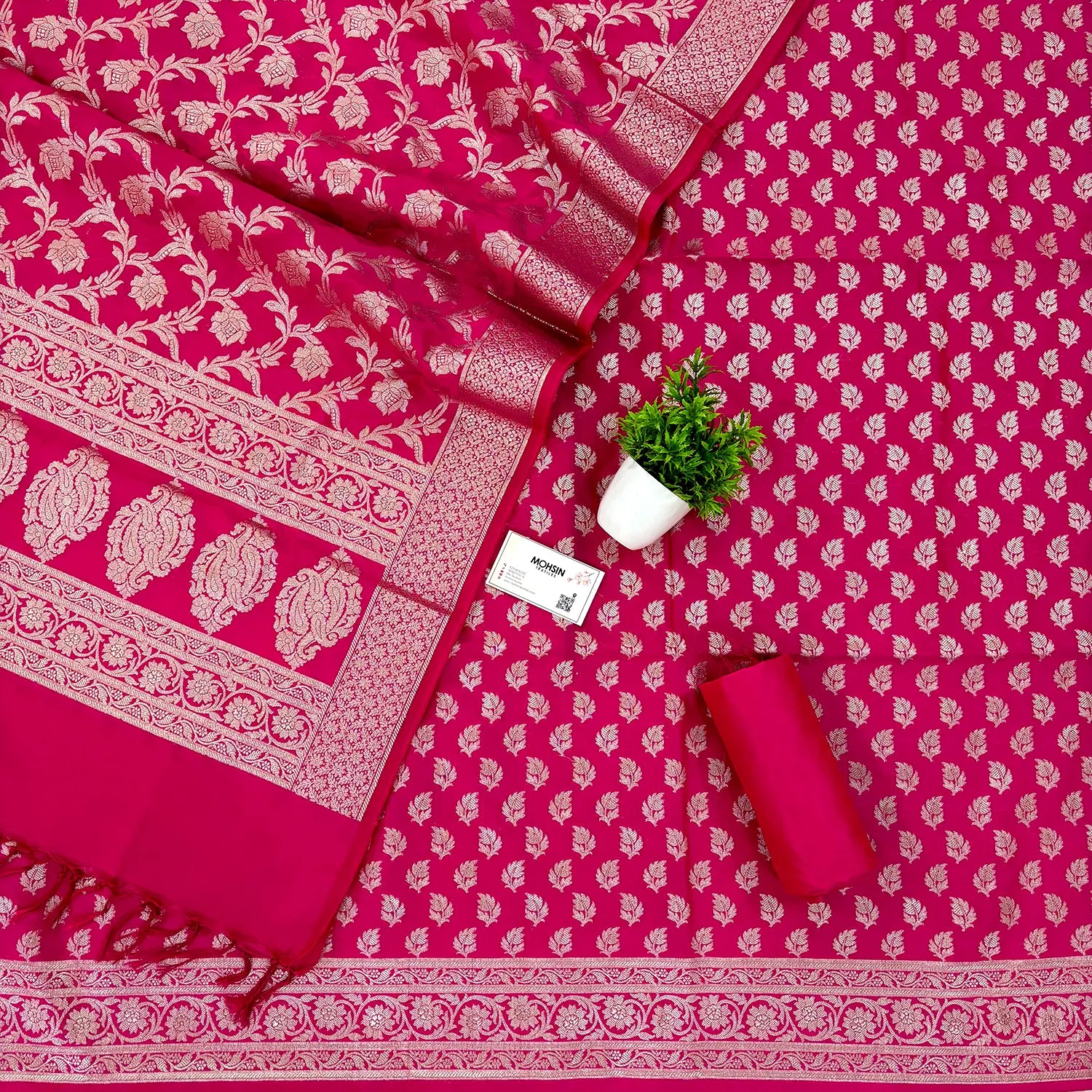 Pink Tedhi Patti Katan Silk Banarasi Suit