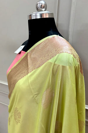 Pista and Pink Golden Zari Banarasi Silk Saree